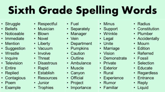 Spelling bee words for sixth graders